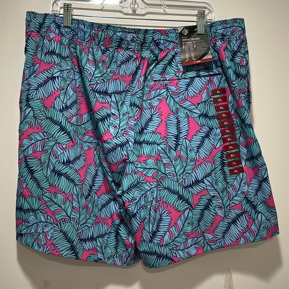 Member’s Mark Resort Swim Trunk Shorts Pink Blue Leaf Print Size XL NWT - Picture 3 of 8
